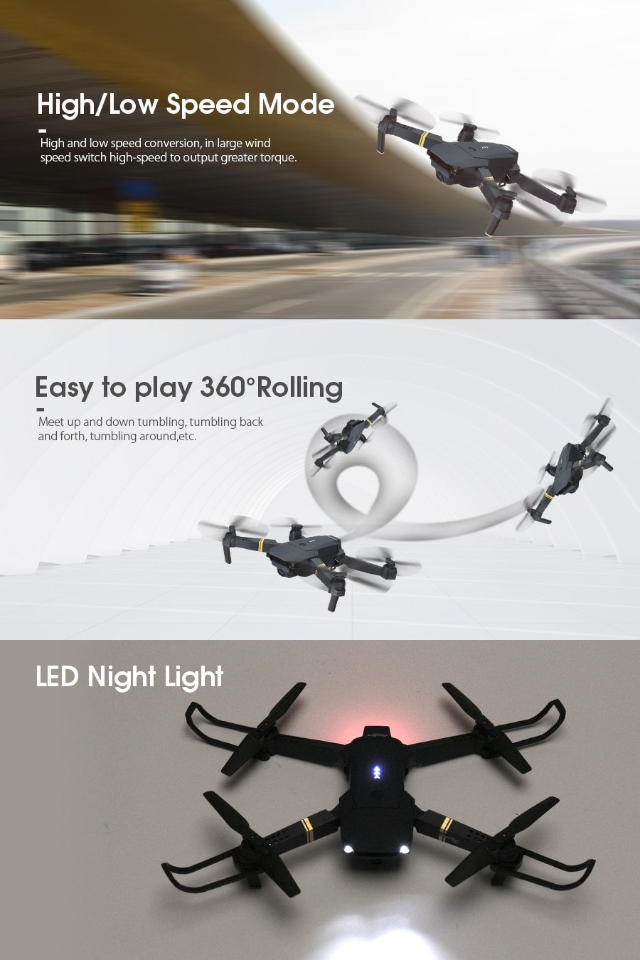 Eachine E58 Drone can change between high and low speed modes, make 360 rolls with ease and its led night lights will help you track it's movement at dark